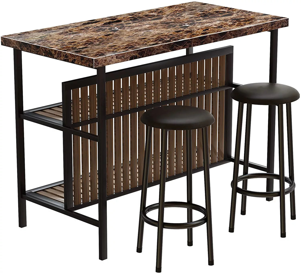 tantohom 3-Piece Bar Table Set with 2 Chairs, 47 inch, Artificial Marble Top, Brown D702