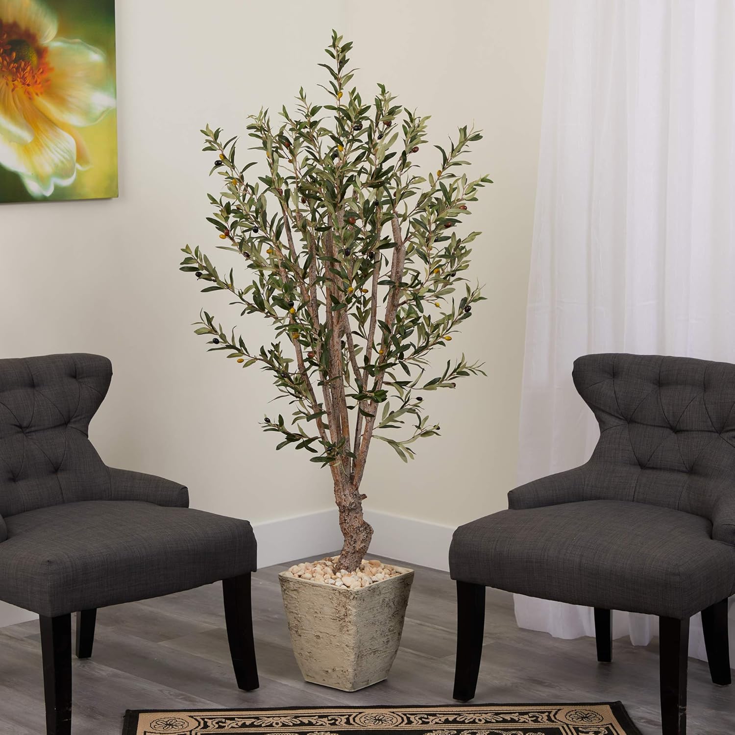 Nearly Natural 5ft Olive Artificial Tree in Country White Planter W5099