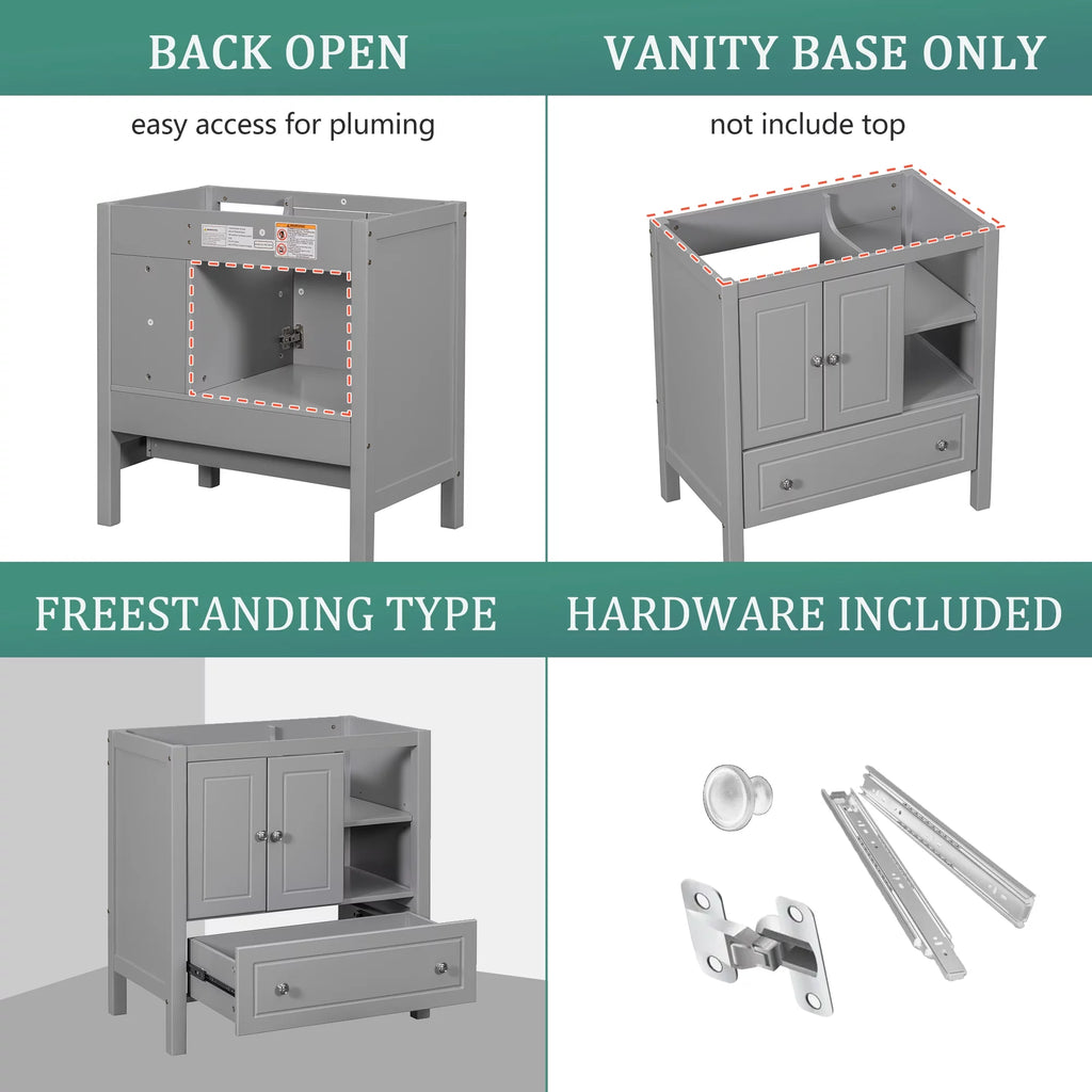 30" Bathroom Vanity Base Only, Solid Wood Frame, Grey P522