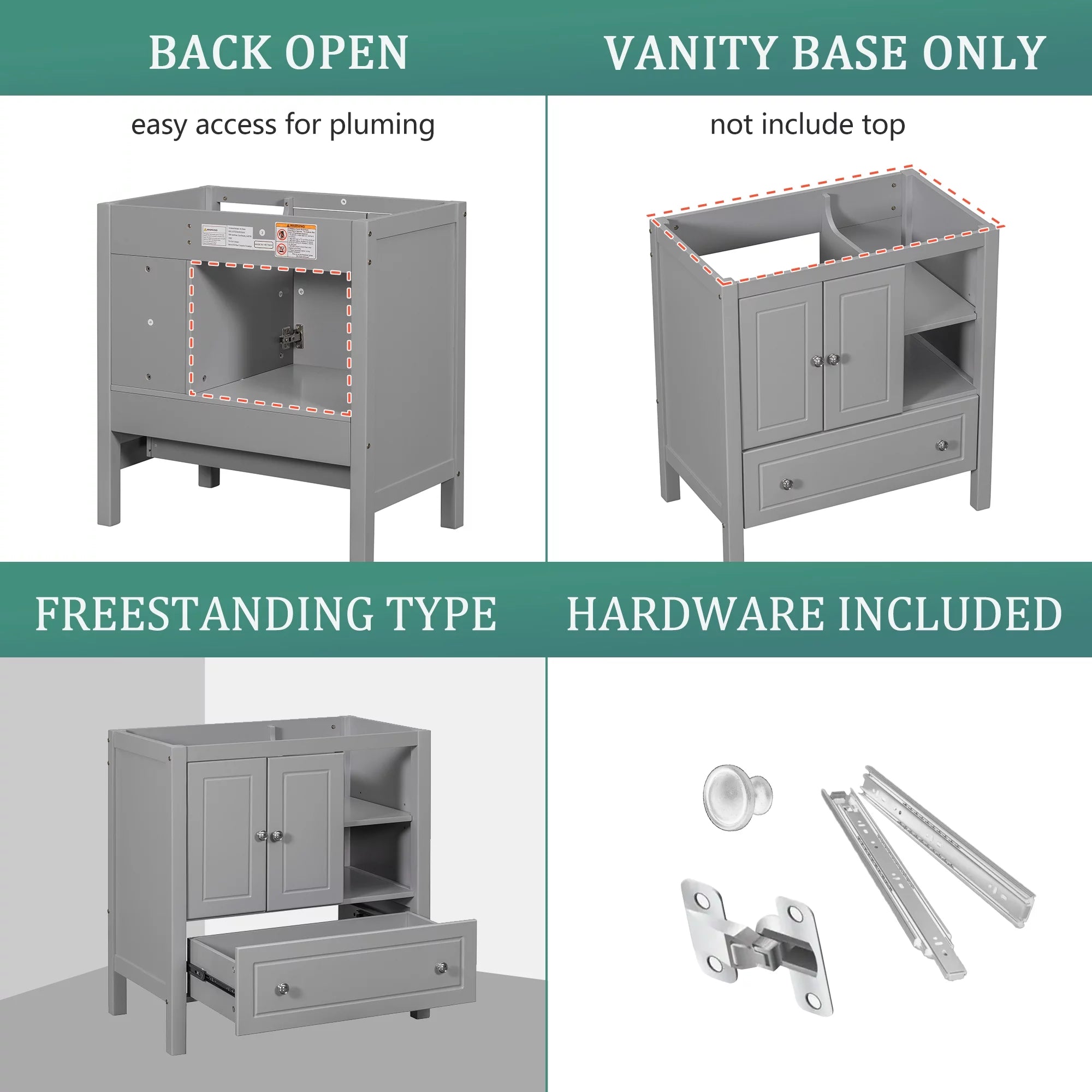 30" Bathroom Vanity Base Only, Solid Wood Frame, Grey P522