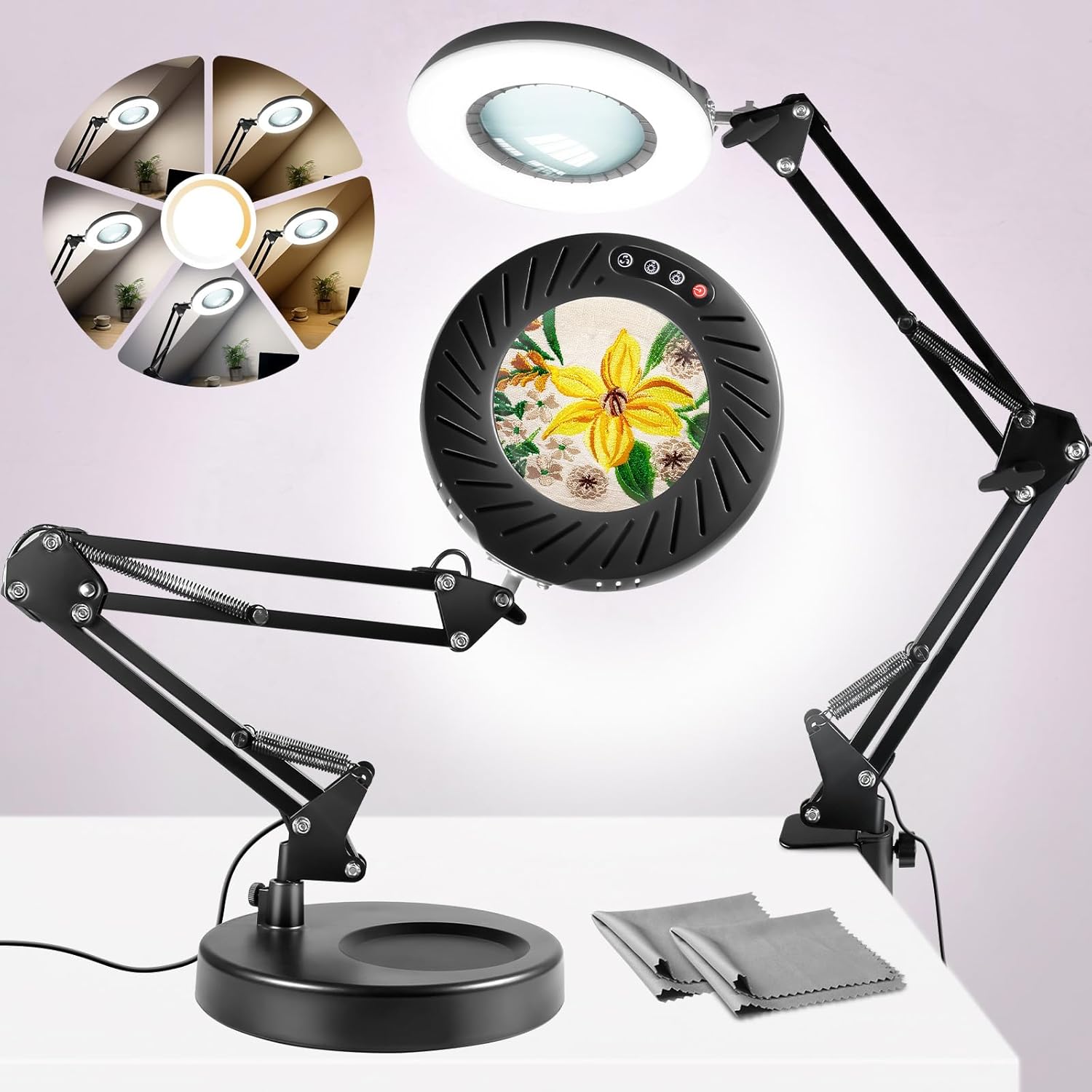 12X Magnifying Glass with Light and Stand, 5 Color Modes Stepless Dimmable LED Lighted 2-in-1 Desk Lamp with Clamp, Hands Free Flexible Magnifier with Light for Craft Hobby Painting Sewing Close Work