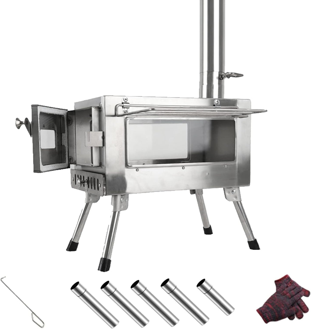Wood Stove Hot Tent Stove, Camping Wood Stove Stainless Steel Camping Tent Stove, Portable Wood Burning Stove with Chimney Pipes & Gloves for Outdoor Cooking and Heating