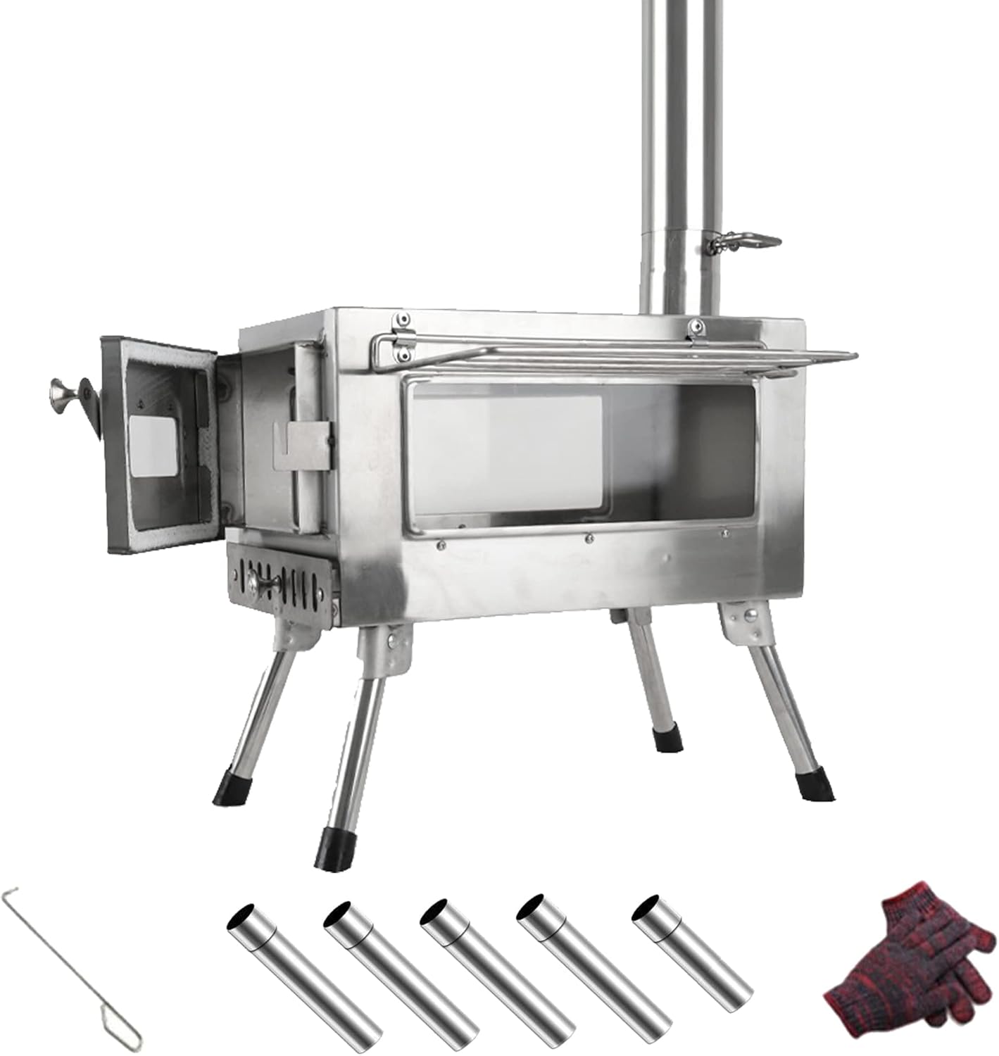 Wood Stove Hot Tent Stove, Camping Wood Stove Stainless Steel Camping Tent Stove, Portable Wood Burning Stove with Chimney Pipes & Gloves for Outdoor Cooking and Heating