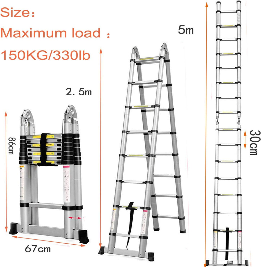 16.5FT Aluminum Telescopic Extension Ladder, 16 Steps, Slip-Proof Feet J4592