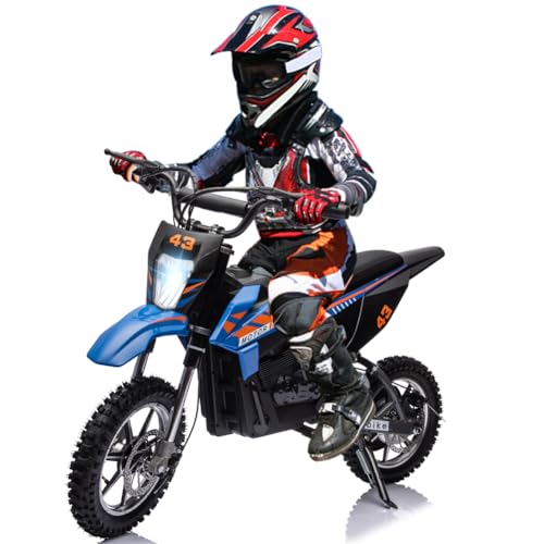 36V Electric Dirt Bike for Kids, Ride on Motorcycle 500W Brushed Motor Variable Speed to 15.5MPH with LED Headlight, Leather Seat,Chain-Driven for Teens Max Load 175lbs,Blue