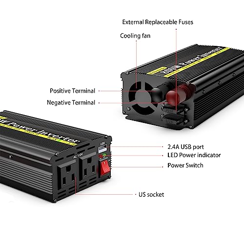 800W Car Power Inverter DC 12V to 110V AC with 2 Outlets and USB A313097