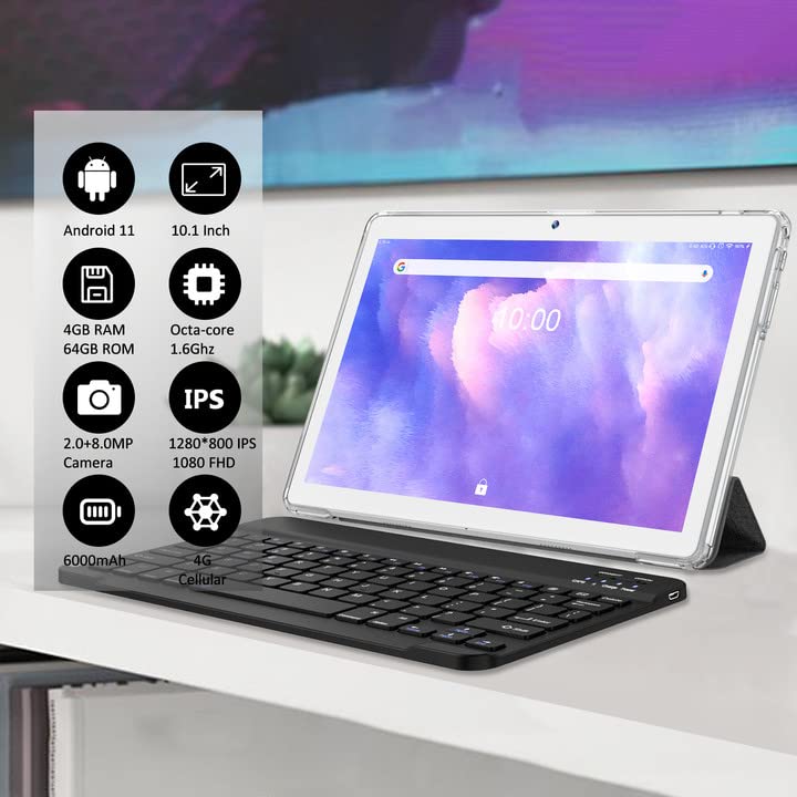 10.1 Inch Android Tablet with Keyboard, 4GB RAM 64GB Storage, Silver W589981
