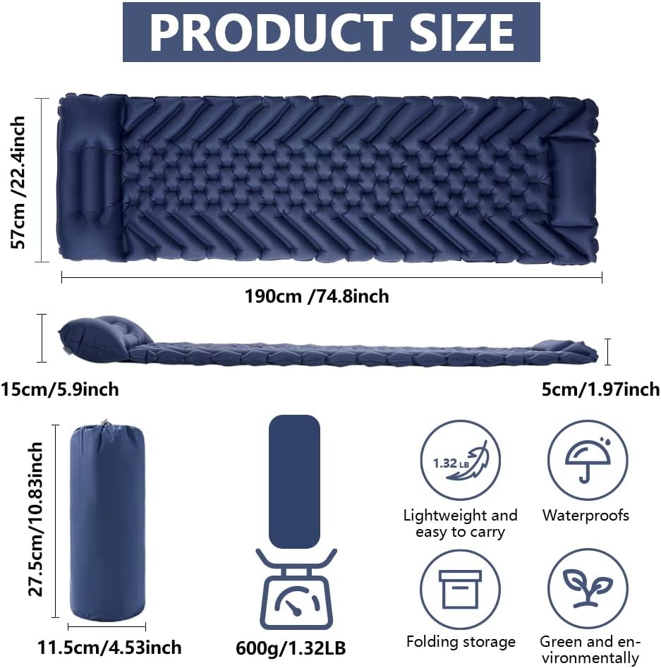 Inflatable Camping Sleeping Pad with Pillow and Built-in Foot Pump V2768