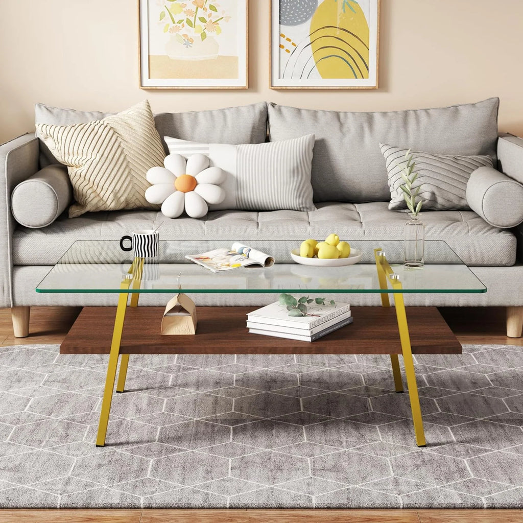 BJSN Glass Coffee Table for Living Room with Wood Shelves, Black Frame I645