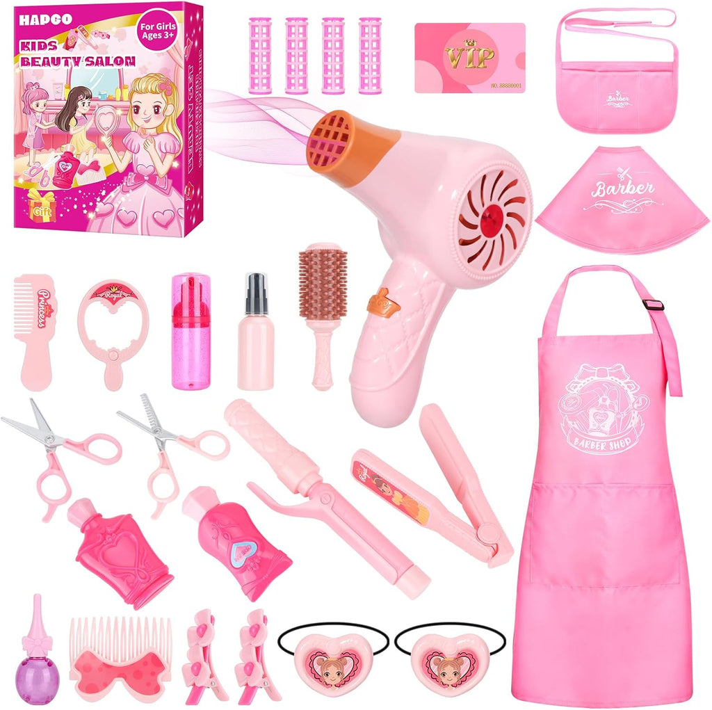 Girls Beauty Salon Set, Doll Head Hair Stylist Toy Kit, 27 PCS Pretend Play Hair Styling Set with Blow Dryer, Barber Apron and Styling Accessories Toys for Girls Ages 3-9