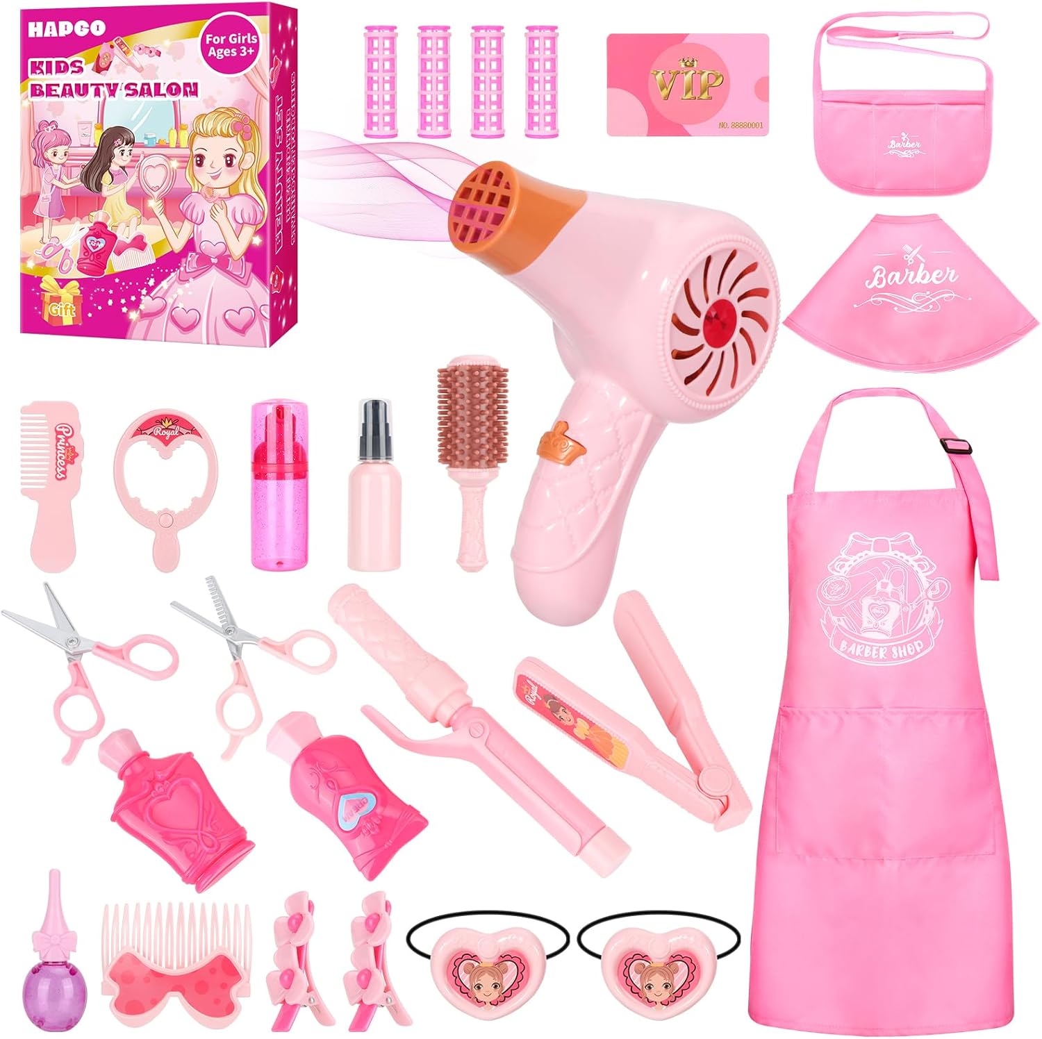 Girls Beauty Salon Set, Doll Head Hair Stylist Toy Kit, 27 PCS Pretend Play Hair Styling Set with Blow Dryer, Barber Apron and Styling Accessories Toys for Girls Ages 3-9