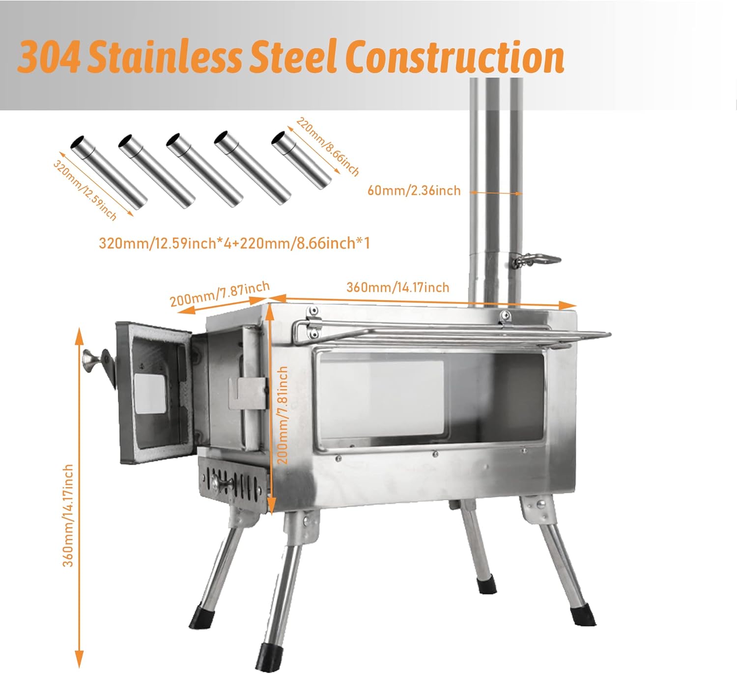 Stainless Steel Camping Wood Stove with Chimney Pipes & Gloves O728