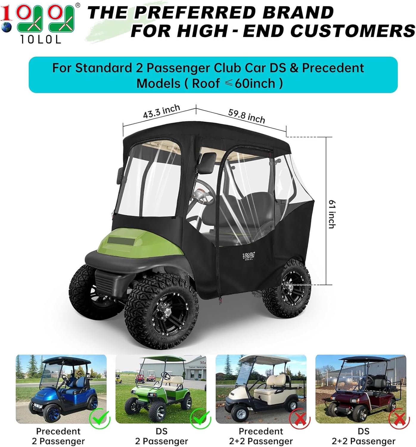 10L0L 2 Passenger Golf Cart Enclosure for Club Car DS & Precedent, Black N2418