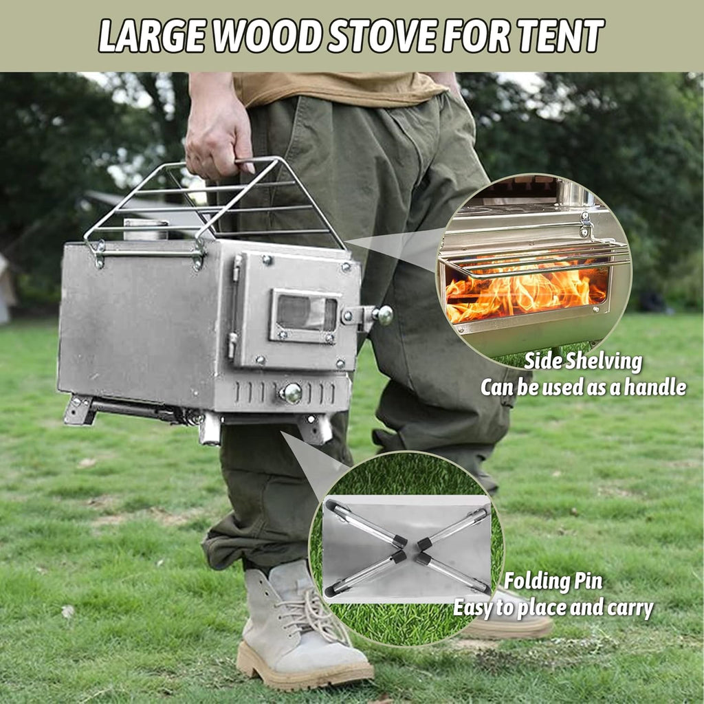 Stainless Steel Camping Wood Stove with Chimney Pipes & Gloves O728