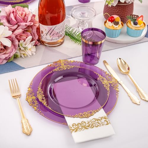 Nervure 350PCS Clear Gold Plastic Plates Dinnerware Set for 50 Guests S7668