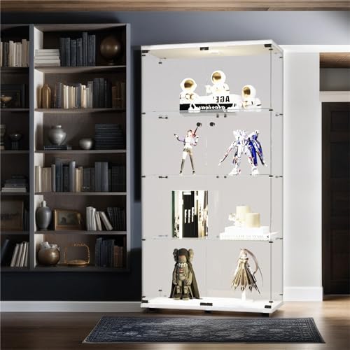 Glass Display Cabinet with Lock and Lights, Lighted Curio Cabinet with 2 Doors and 4 Shelves, Modern Collectibles Toy Organizers Rack Display Case for Living Room Home Office, White