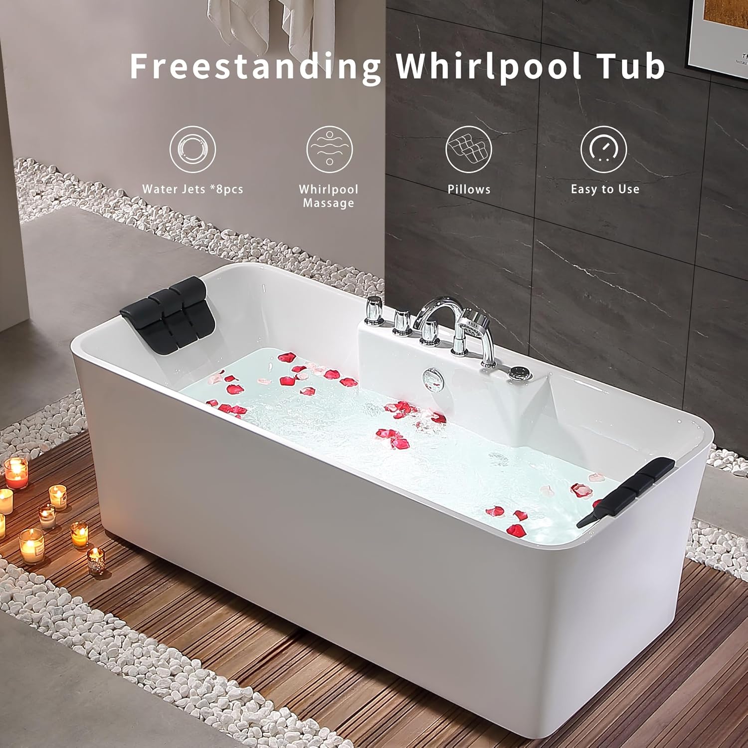Empava 67 Inch Freestanding Whirlpool Bathtub with 8 Jets, White H67632