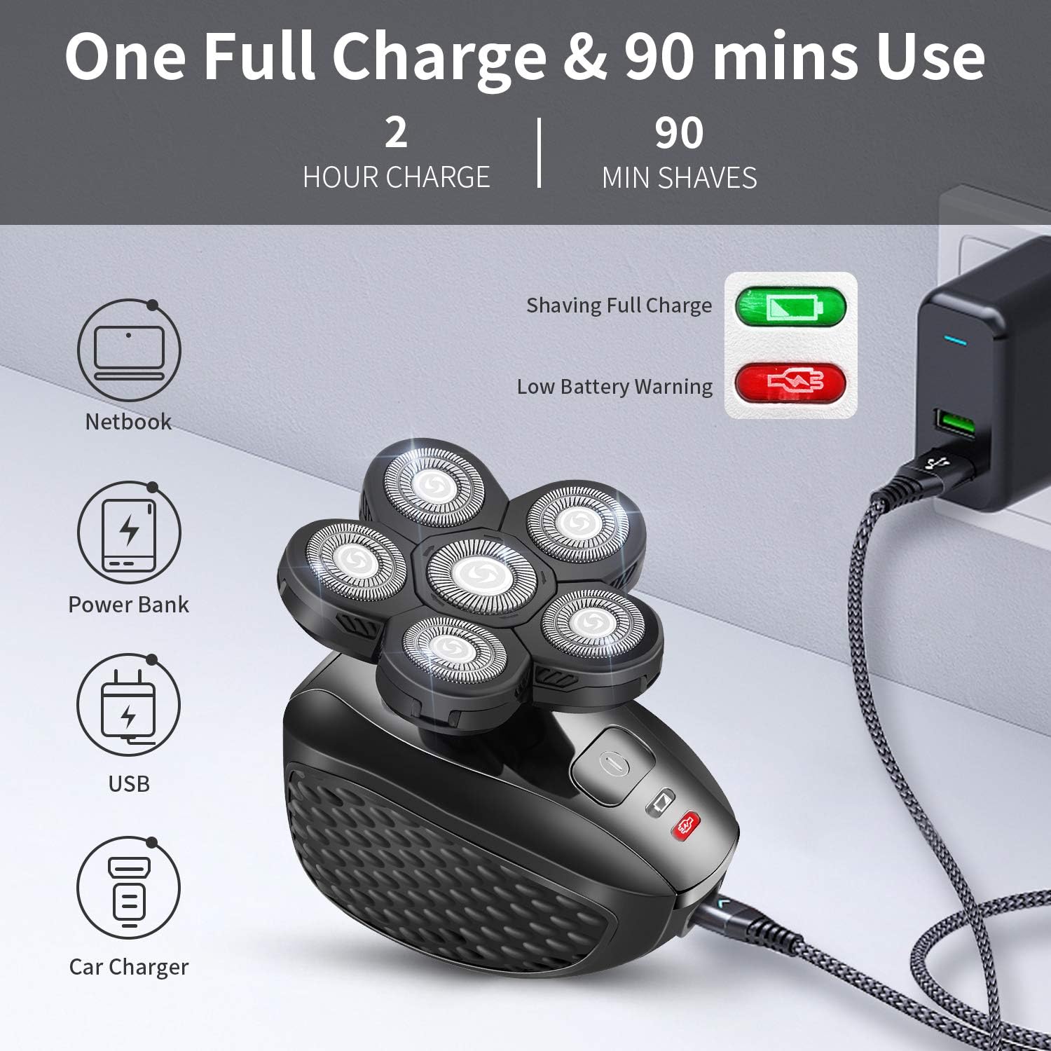 6D Electric Shaver for Bald Men 7 in 1 Rotary Head Waterproof Rechargeable M270826