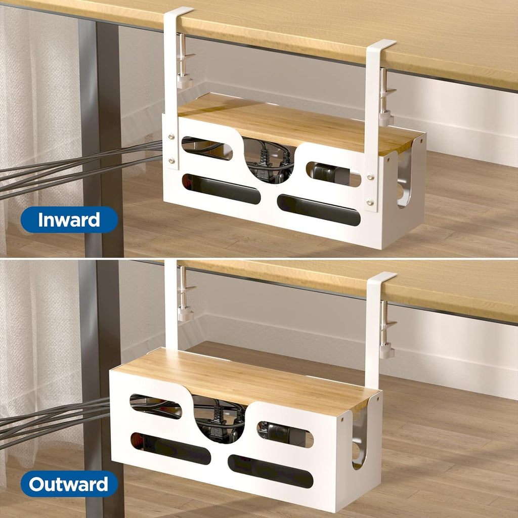 Under Desk Cable Management Box with Lid, White, Adjustable Clamps A14647