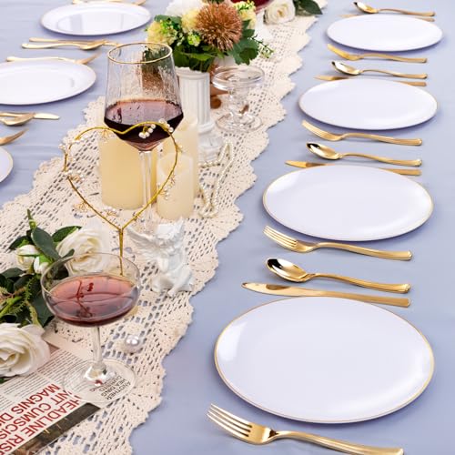50 Gold Rim Plastic Plates 9 Inch - Disposable Dinner Plates for Party W3436
