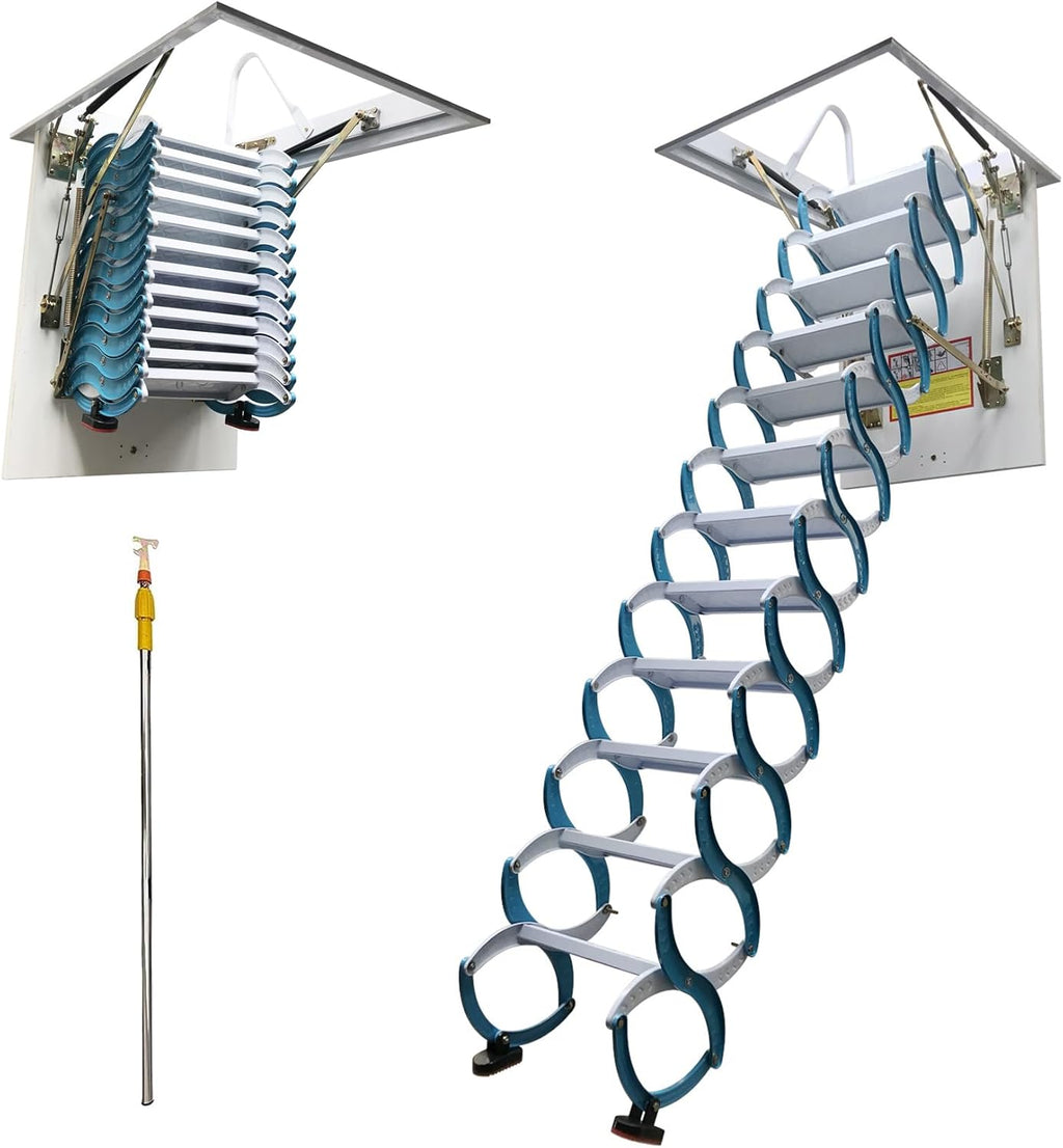 TECHTONGDA Attic Ladder 12 Steps Pull Down Attic Stairs, Folding Ladder Extension Loft Stair, Ceiling Mounted Retractable Loft Ladder, Carbon Steel Attic Access Ladder, 31.5 x 35.4 Inch, 9.8ft Height