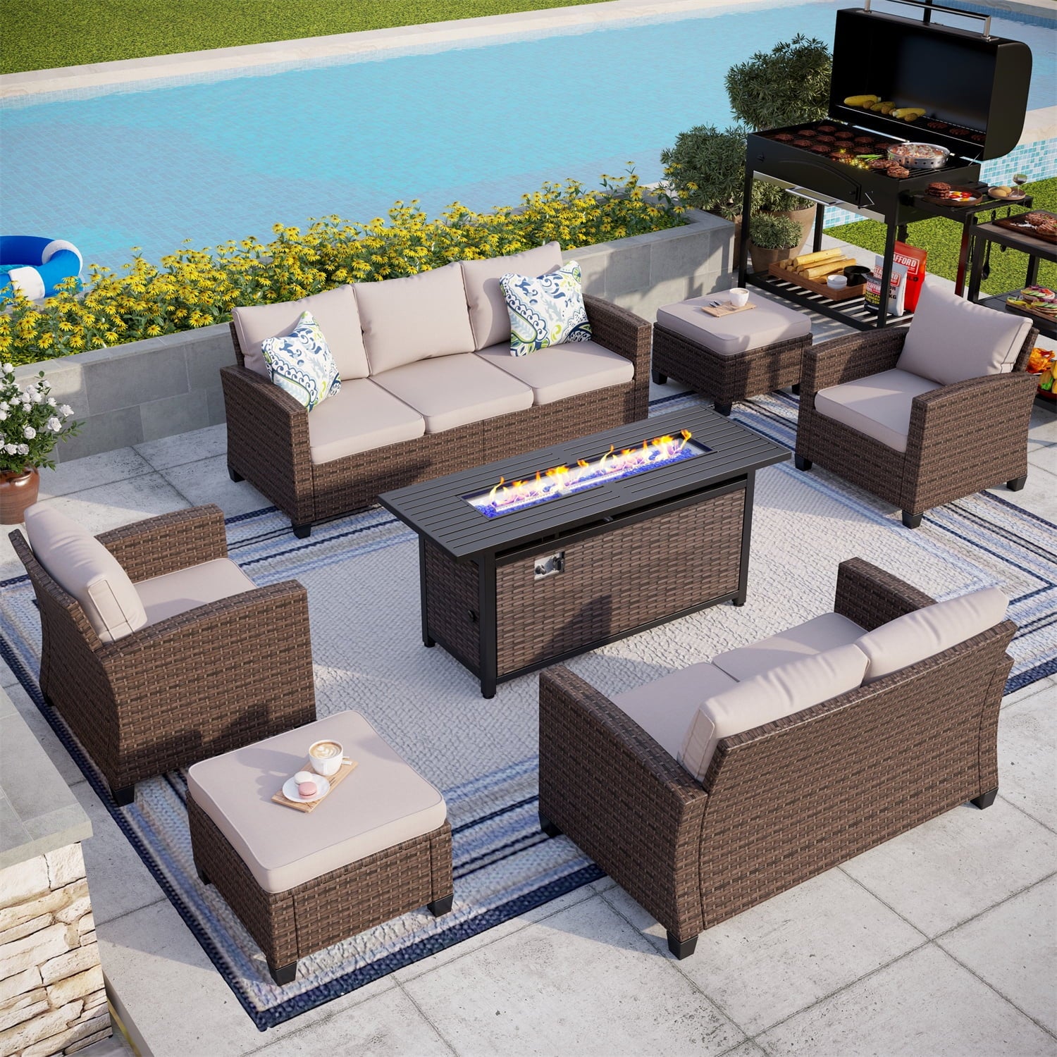 MF Studio 9-Seat Outdoor Patio Furniture Set with Fire Pit Table Wicker Patio Conversation Set Beige