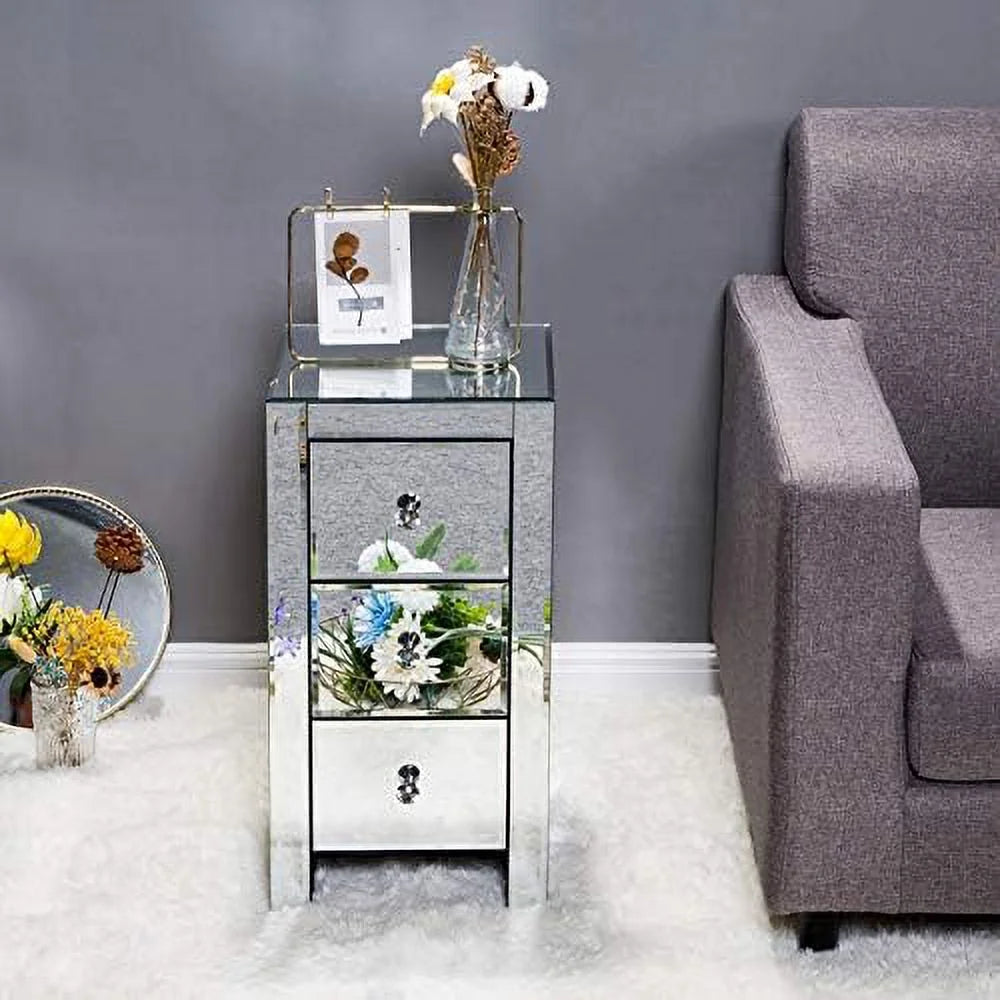 RUNFAYBIU Mirrored Nightstand with 3 Drawers and Crystal-Style Knobs E8054