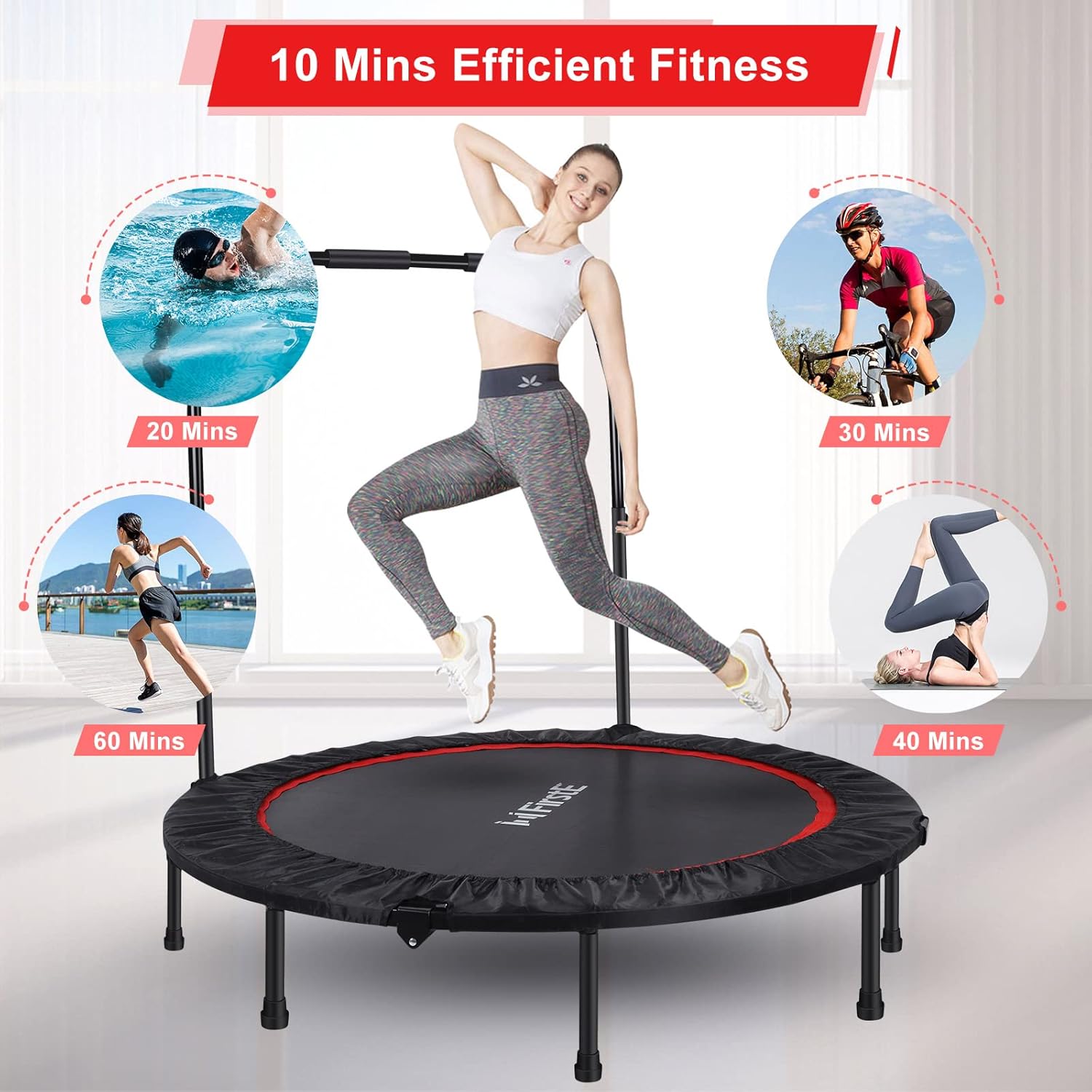 50" Foldable Fitness Trampoline with Adjustable Foam Handle for Adults W398