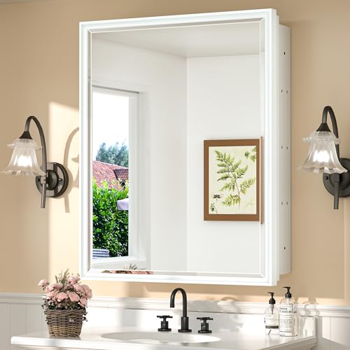 TokeShimi Recessed Medicine Cabinet with Mirror Wall Mounted, Metal Beveled Mirror with Storage for Bathroom Vanity, Aluminum Alloy Medicine Cabinet Mirror Silver 16x24 1 Door