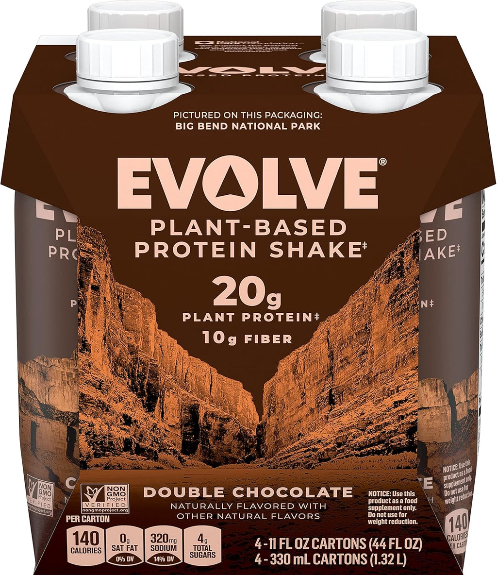 Evolve Plant Based Protein Shake, Double Chocolate, 20g Vegan Protein, Dairy Free, No Artificial Sweeteners, Non-GMO, 10g Fiber, 11oz, (4 Pack)
