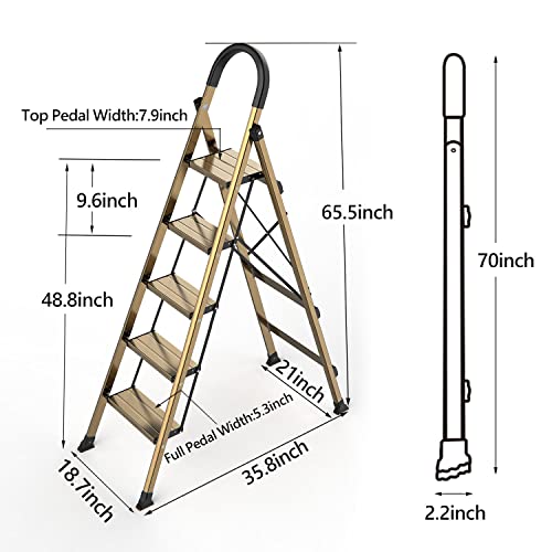 SOLADDER 5 Step Ladder, Folding Aluminum Step Stool, Anti-Slip Pedal, 300 lbs Capacity A315
