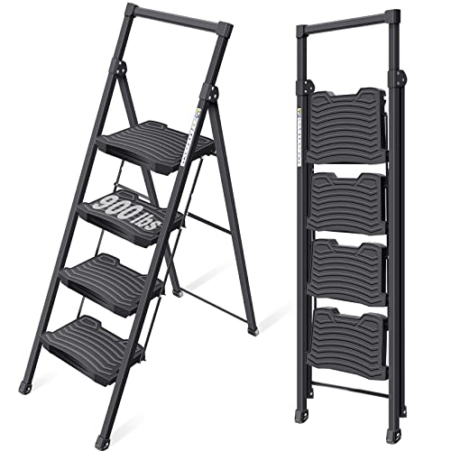 KINGRACK 5 Step Ladder with Tool Platform, Sturdy Step Stool with Handrail, Folding Steel Ladder with Wide Pedal, Safety Ladder for Adults Home Outdoor Painting Garage