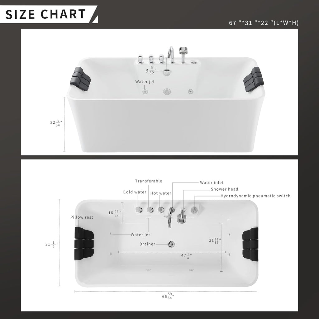 Empava 67 Inch Freestanding Whirlpool Bathtub with 8 Jets, White H67632