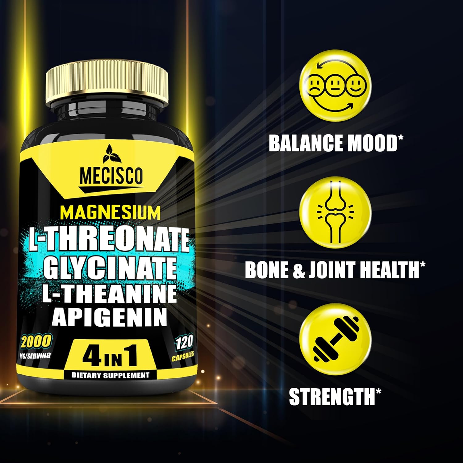 Magnesium L-Threonate & Glycinate Supplement with L-Theanine & Apigenin, 120 Capsules N1535
