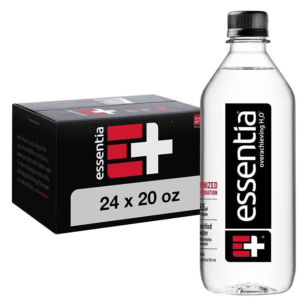 Essentia Bottled Water, 20 Ounce, Pack of 24 Bottles; 99.9% Pure, Infused with Electrolytes for a Smooth Taste, pH 9.5 or Higher; Ionized Alkaline Water (1 Pack)