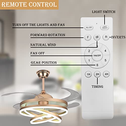 42" Invisible Ceiling Fan Chandelier Light, Modern Remote Control, Gold E3119