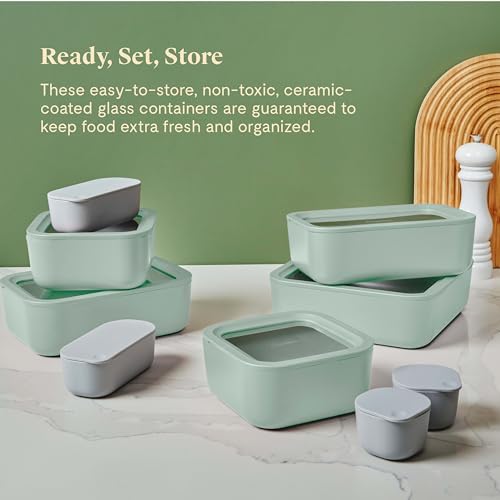 Caraway Glass Food Storage Set, 14 Pieces - Ceramic Coated Containers with Glass Lids W44077