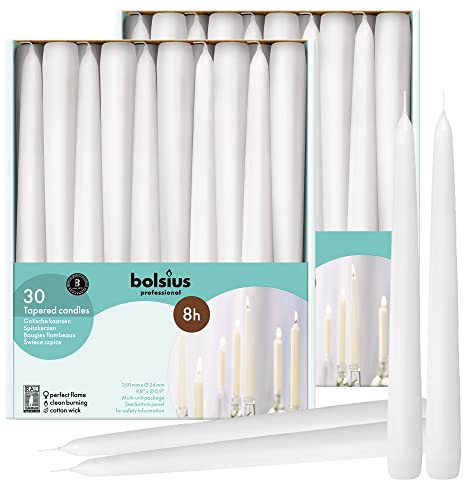 BOLSIUS Long White Taper Candles - Bulk Pack of 30 Count - 10-inch Unscented Household Candlesticks - Premium European Quality Wax - 8 Hour Long Burning Candles for Home Décor, Weddings & Parties