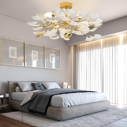 Gold Ceramic Ginkgo Leaf Chandelier, 24" Semi Flush Mount Ceiling Light F689